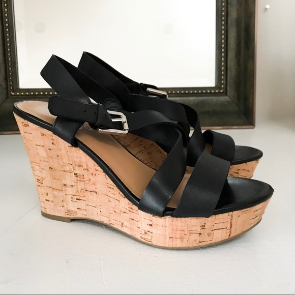 Franco Sarto Shoes - Franco Sarto Black Leather Strappy Buckle Wedges
